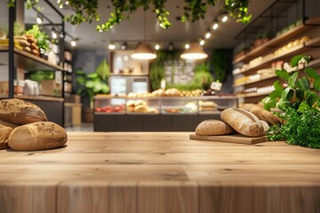 Blurred eco-friendly vegan grocery with wooden wall, parquet floor, and diverse bread selection on shelves—a backdrop for healthy shopping and interior design.