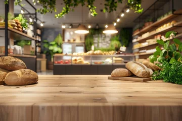 Foto op Aluminium Blurred eco-friendly vegan grocery with wooden wall, parquet floor, and diverse bread selection on shelves—a backdrop for healthy shopping and interior design. © JovialFox