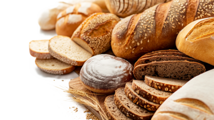Assortment of fresh baked bread on transparent background. Delicious selection of various freshly baked breads isolated on a transparent background 