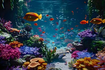 Fototapeta na wymiar Aquarium Serenity: Tranquil underwater scenes with colorful fish and coral, bringing the beauty of the ocean indoors.