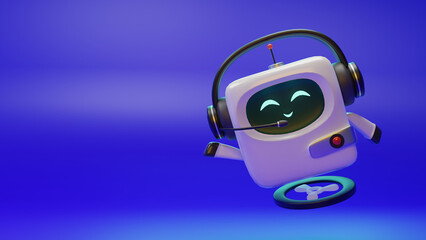 Friendly positive cute cartoon White robot with smiling face waving its hand. Customer support service chat bot. Robot assistant, online consultant. 3d illustration on Purple background	