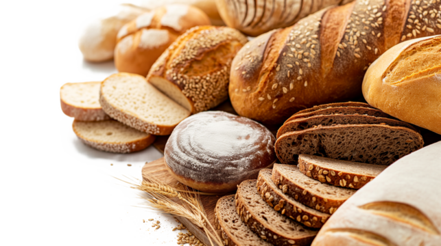 Assortment of fresh baked bread on transparent background. Delicious selection of various freshly baked breads isolated on a transparent background 