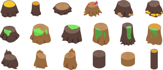 Fototapeta premium Forest stump icons set isometric vector. Tree cutting stub. Ecological problem