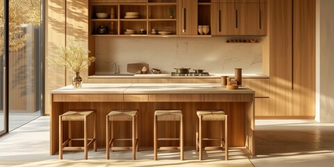 A kitchen with a wooden island and four stools