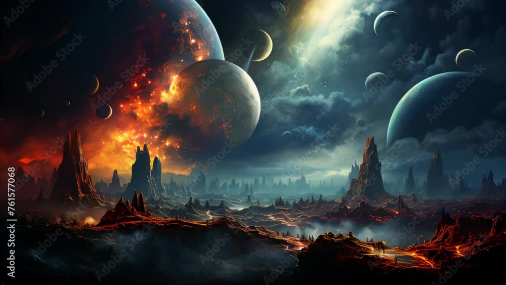 Poster space scene with futuristic planet surface and stars in open space with planets and galaxies