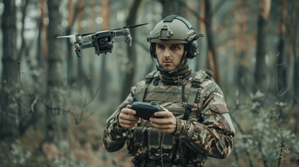 Fototapeta premium A man in camouflage is holding a remote control and watching a drone fly