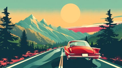 Retro-style travel poster with vintage car on scenic mountain road, adventure and exploration concept - obrazy, fototapety, plakaty