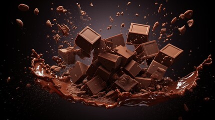 Delicious chocolate bar pieces falling into chocolate splash, cut out