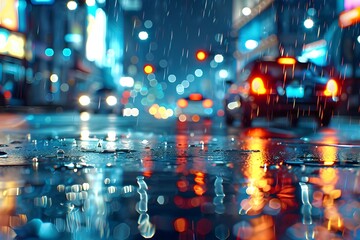 Midnight Rain: City streets glistening with raindrops under the glow of streetlights, capturing the beauty of a rainy night.

