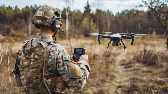 A man in camouflage is holding a remote control and watching a drone fly