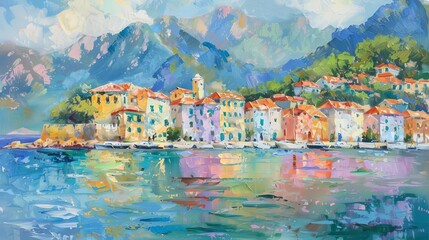 Serene Mediterranean coastal town with colorful houses and mountains, impressionist oil painting - obrazy, fototapety, plakaty