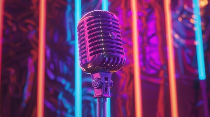 Microphone with illuminated vibrant neon lights on a dark background.AI generated image