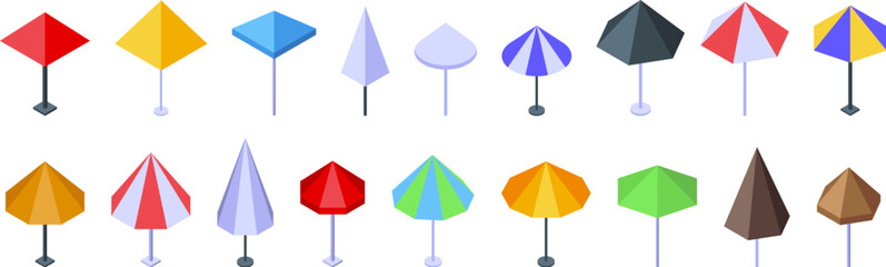 Outdoor cafe umbrella icons set isometric vector. Restaurant design. Food catering - obrazy, fototapety, plakaty