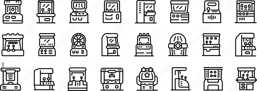 Poster retro arcade video game screen machine icons set outline vector. computer console. button gamer
