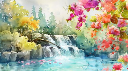 Serene Watercolor Landscape Featuring a Tranquil Waterfall and Vibrant Spring Flowers