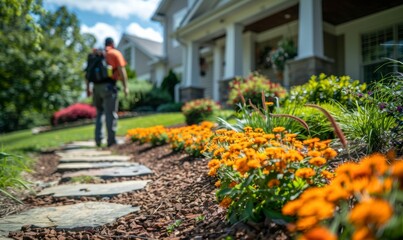 Gardener strolls along a bright flower garden admiring vibrant blooms on a sunny day in a suburban neighborhood