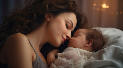 Obraz na płótnie Canvas Side view of beautiful young mom and her cute little baby sleeping in bed at home
