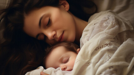 Side view of beautiful young mom and her cute little baby sleeping in bed at home
