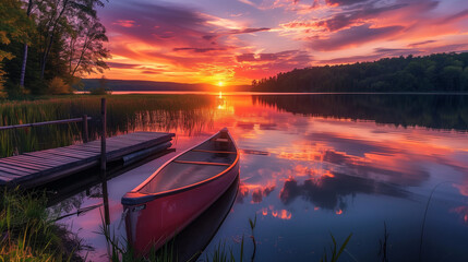 An idyllic summer sunset at a tranquil lake, with canoes resting - obrazy, fototapety, plakaty