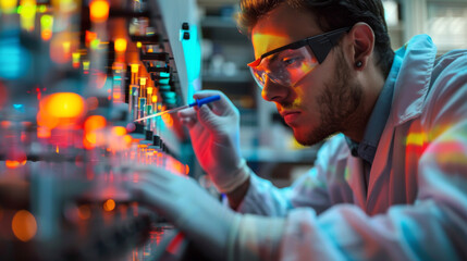 Scientist Engaged in Neon-Lit Analysis.
With a pen in hand, a scientist meticulously records findings while neon lights cast a glow on the research process, symbolizing the fusion of data.