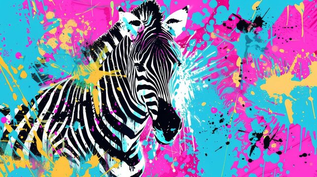 Vibrant abstract zebra art, colorful splattered paint background, modern digital illustration