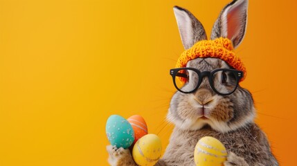 Easter bunny before a orange solid colored background with easter eggs in his hand.  - obrazy, fototapety, plakaty