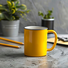 Mock up an empty yellow coffee cup with desired contents placed on a work desk.