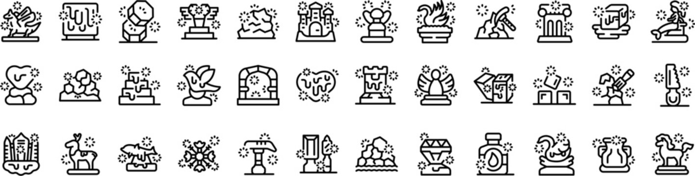 Ice sculpture icons set outline vector. Medieval castle. Animals statue