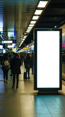 A mockup of a blank sign with advertising content placed in a busy train station.