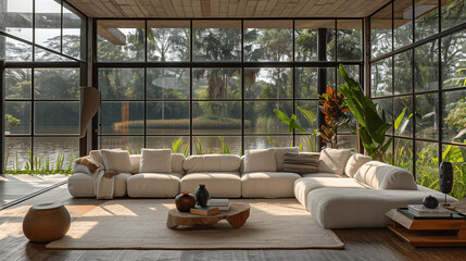 Fototapeta premium Modern Living Room with Large Windows Overlooking a Lake