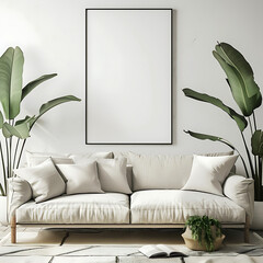 Mock up a blank wall photo frame to put the desired picture in a minimalist living room.