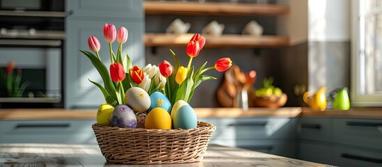 A colorful vase filled with fresh flowers and Easter eggs sits on the kitchen counter, adding a...