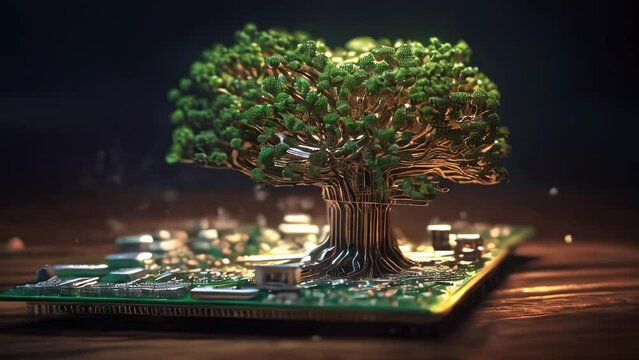 Green natural eco-friendly tree and computer technology on an abstract high-tech futuristic background of microchips and computer circuit boards with transistors