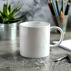 Mock up of an empty white coffee cup to hold desired contents, with a minimalist decorative background.