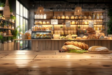 Blurred eco-friendly vegan grocery with wooden wall, parquet floor, and diverse bread selection on shelves—a backdrop for healthy shopping and interior design. - obrazy, fototapety, plakaty