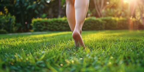 A young girl walks barefoot on the fresh green grass outdoors, closeup view. Room for text placement.