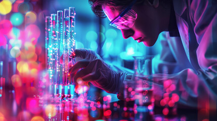 Neon Glow Over Science Experiments.
A researcher meticulously conducts experiments, bathed in the surreal neon light of a cutting-edge laboratory setting.