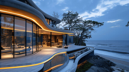 Fototapeta premium Modern Beachfront Villa with Illuminated Curved Design at Twilight