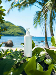 White lotion, sprey bottle in a tropical beach background, skincare product on a tree branch, with ocean and palm trees behind - cosmetic product mockup