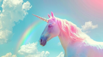Unicorn head with rainbow and clouds on blue sky background.AI generated image