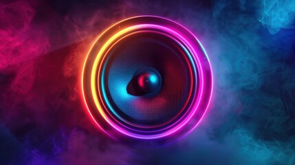 Loudspeaker on vibrant illuminated neon light background. AI generated image - obrazy, fototapety, plakaty