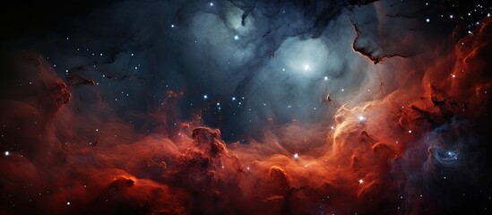 An artistic representation of a nebula in space filled with stars, gas, and dust clouds. This...