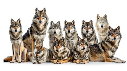 Wildlife animals wolves banner panorama long - Collection of standing, sitting, howling, lying group of wolf family with young baby, isolated on white background