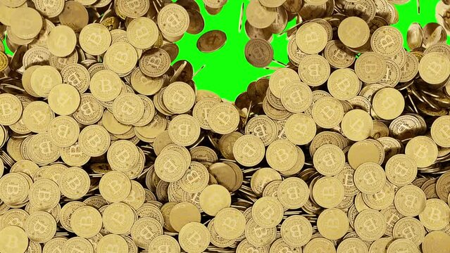 Bitcoin crypto coins falling down. Gold bitcoin cryptocurrency coins drooping and stacking. Many golden bitcoins raining down and fill in the green screen. 