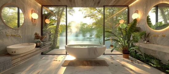 Serene Bathroom with Lake View and Tropical Plants, Exuding Luxury and Eco-Friendly Comfort