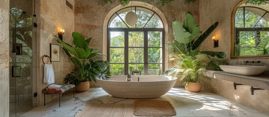 Fototapeta na wymiar Luxurious Bathroom Oasis: Serene Space with Arched Window, Marble, and Greenery