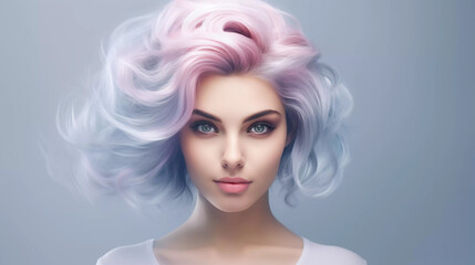 Generative AI illustration of charming attractive young model woman demonstrating hairdress dyed hair style hyper realistic  - obrazy, fototapety, plakaty