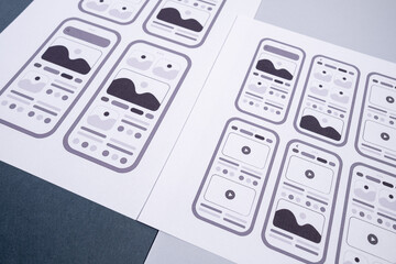 UX mobile application wireframe. Sketch, prototype, framework, layout future app design project. UI/UX - user interface and user experience designer. Creative concept for smartphone. App development 
