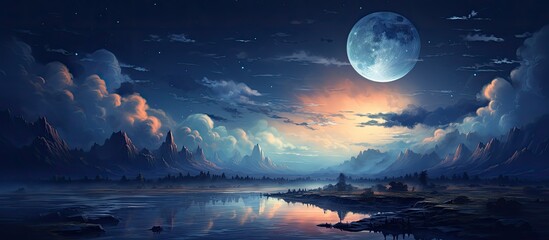 As dusk falls, a full moon rises over a lake, reflecting in the still water below, with mountains silhouetted against the colorful sky - obrazy, fototapety, plakaty