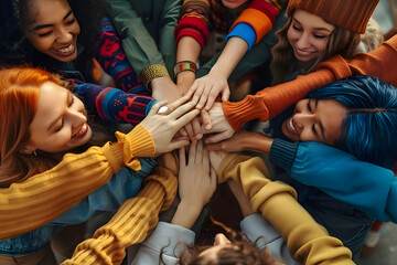 Diverse Hands United for Teamwork and Unity